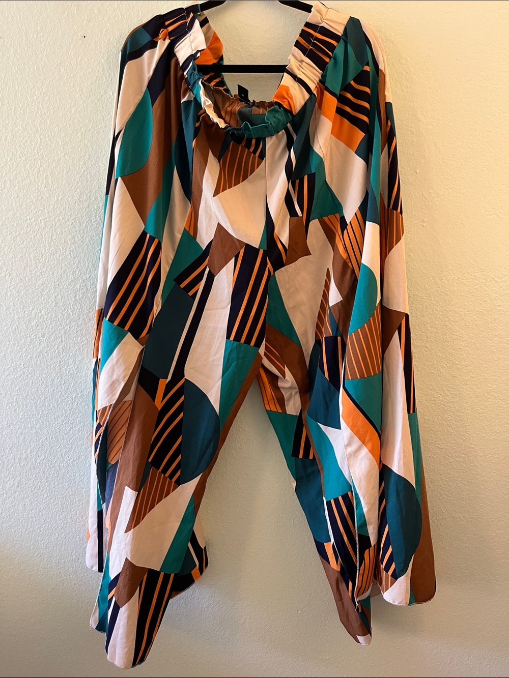 SHEIN Geometric Print Paper Bag Harem Pants in Teal, Brown & Orange